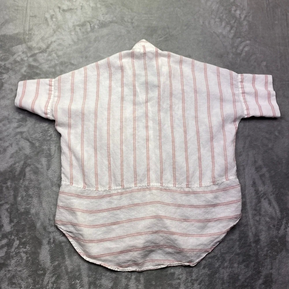 Athleta Anguilla Striped Linen Button Down Shirt‎ Womens XS S/S White Pink